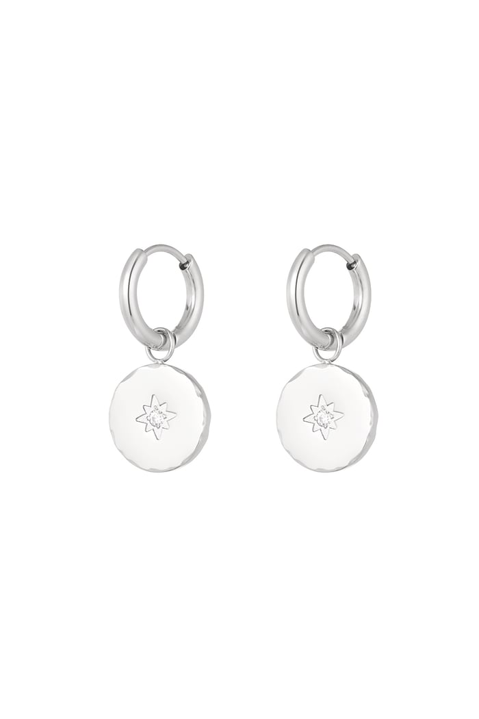 Minimalist round earrings with star - Silver Color color 