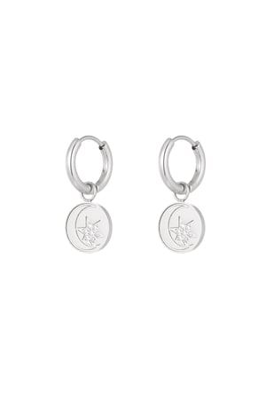 Minimalist round earrings with star and moon - Silver Color color h5 