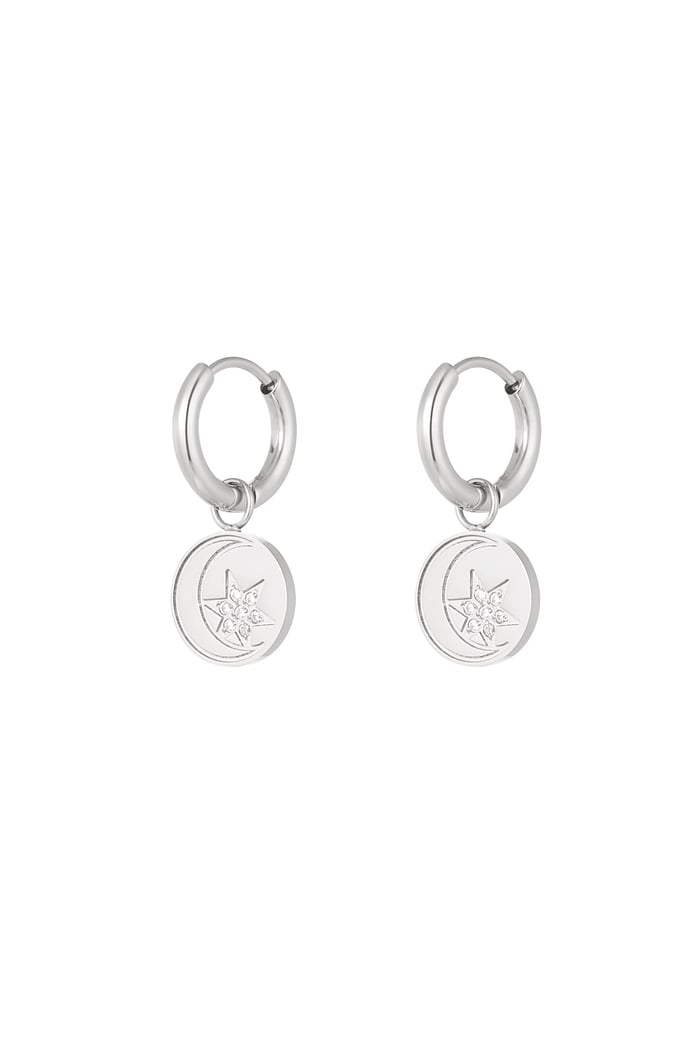 Minimalist round earrings with star and moon - Silver Color color 