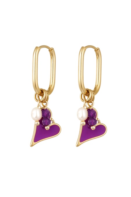 Earrings colored heart with pearl - Gold color/purple