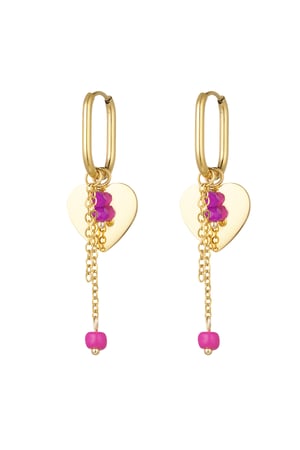 Earrings heart with chain and beads - Gold color/fuchsia h5 