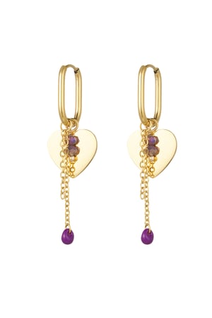 Heart earrings with chain and beads - Gold color/purple h5 