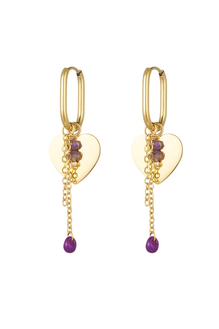 Heart earrings with chain and beads - Gold color/purple 2