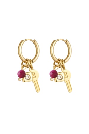 Key earrings with beads - Gold color/pink h5 