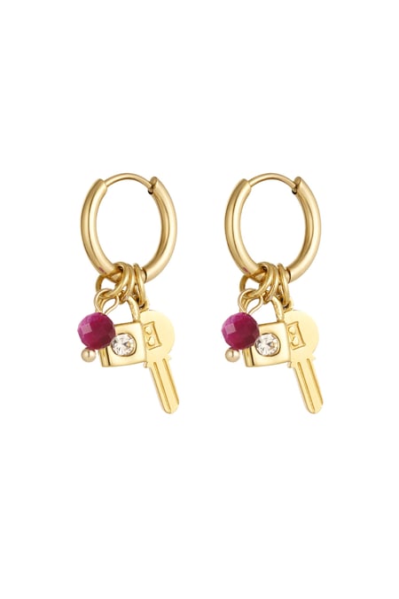 Key earrings with beads - Gold color/pink 2