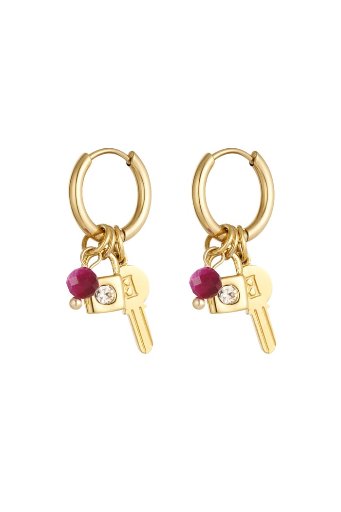 Key earrings with beads - Gold color/pink 