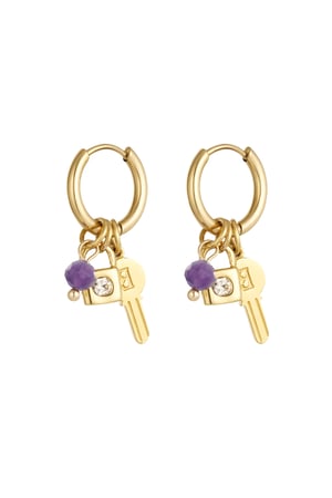 Key earrings with beads - Gold color/purple h5 