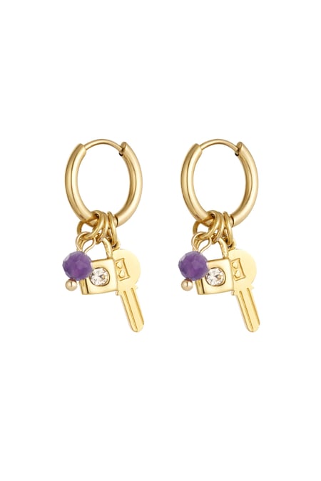 Key earrings with beads - Gold color/purple 2