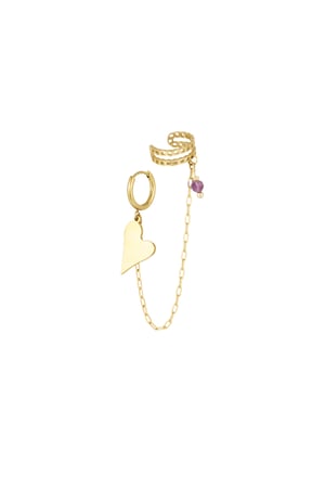 Earring & earcuf heart - Gold color/purple h5 