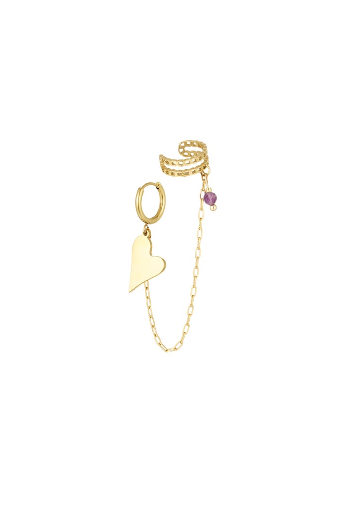 Earring & earcuf heart - Gold color/purple 