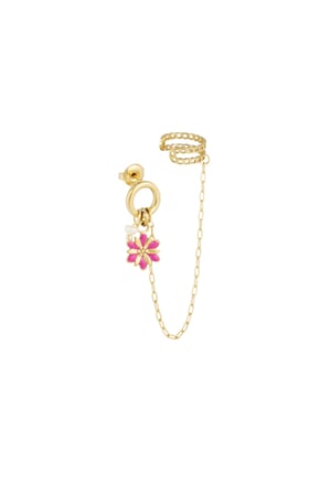 Earring with ear cuff flower - Gold color/pink h5 