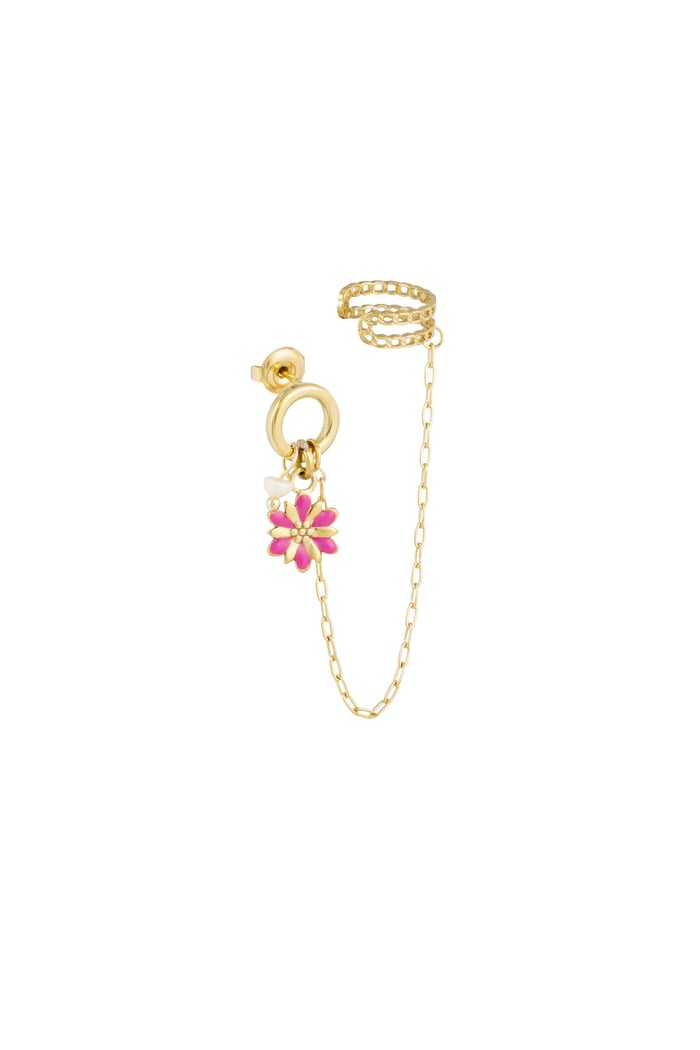 Earring with ear cuff flower - Gold color/pink 