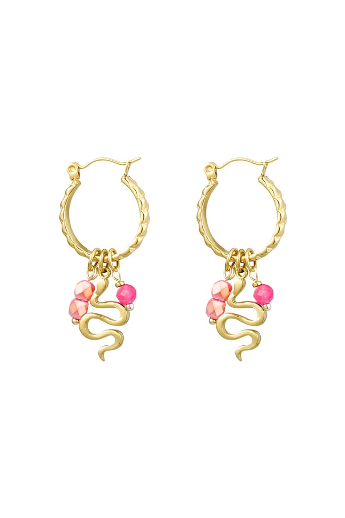 Snake earrings with beads - Gold color/pink 