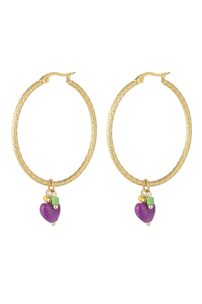 Earrings natural stone purple heart - Gold color 