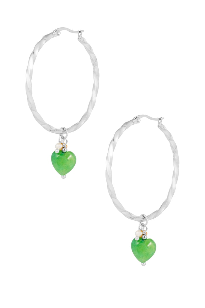 Twisted earrings with heart - Silver color/green 