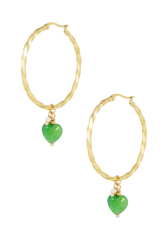 Twisted earrings with heart - Gold color/green 