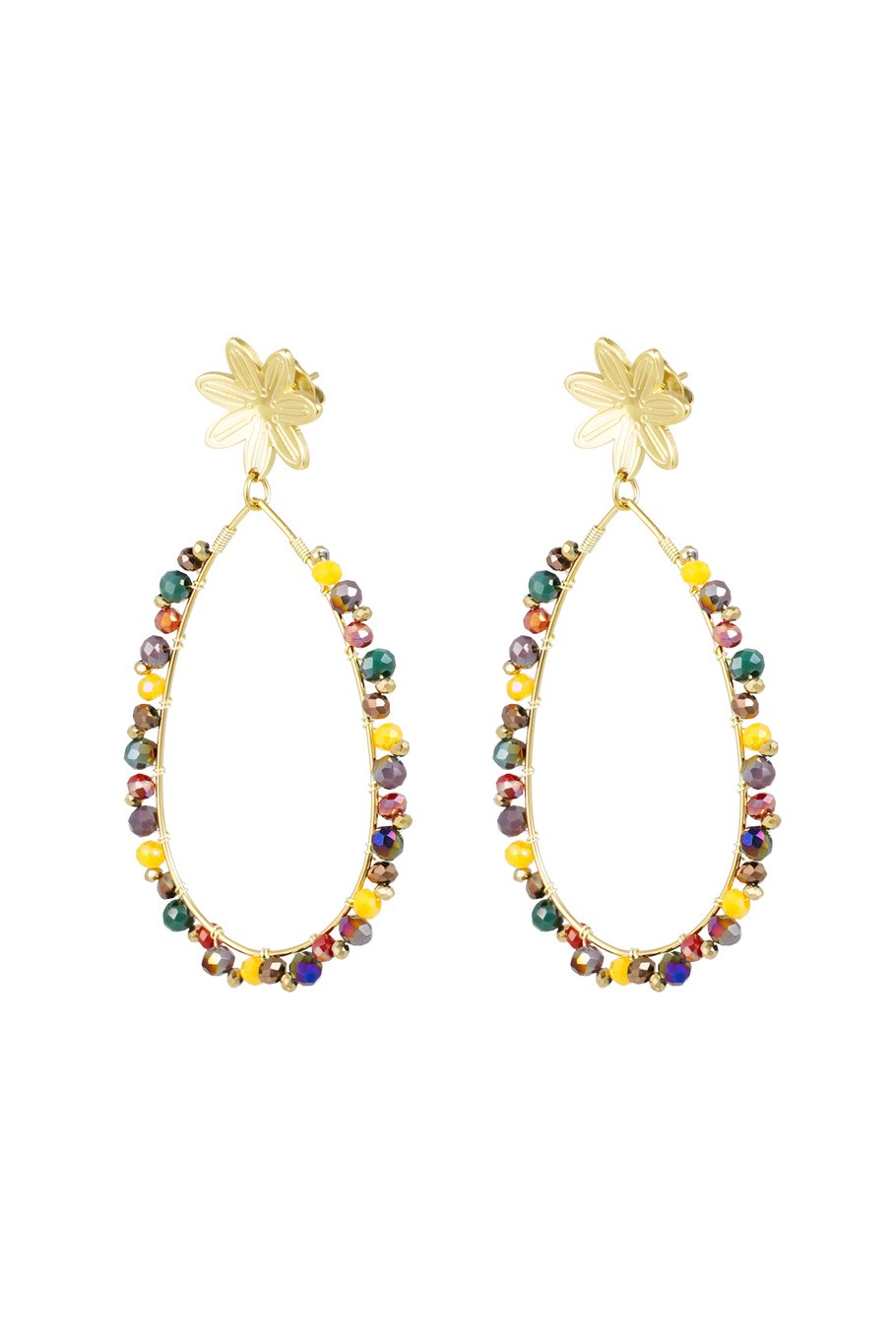 Drop earrings with beads and flower - Gold color/pink