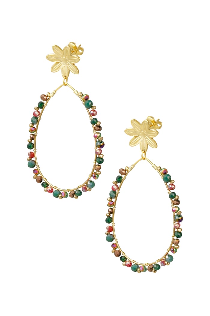 Drop earrings with beads and flower - Gold color/green 