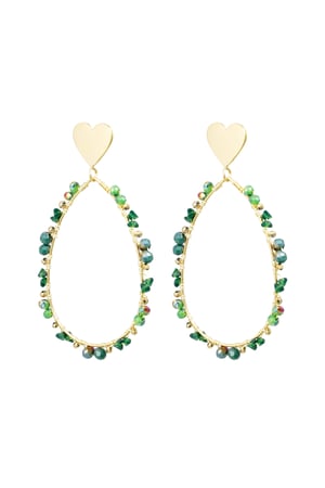 Oval earrings with beads and heart - Gold color/green h5 