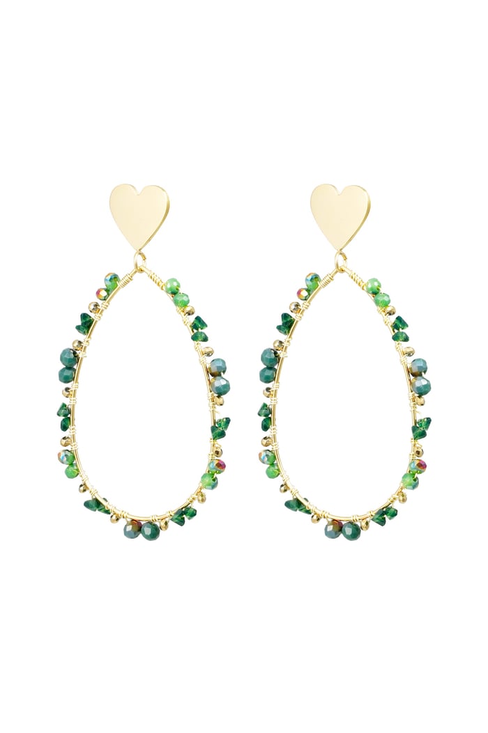 Oval earrings with beads and heart - Gold color/green 