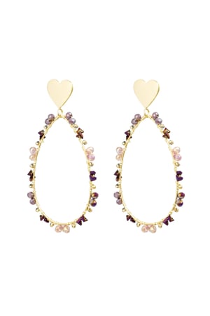 Oval earrings with beads and heart - Gold color/purple h5 