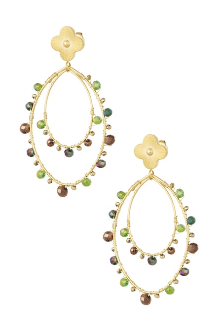 Oval earrings with beads - Gold color/green 2