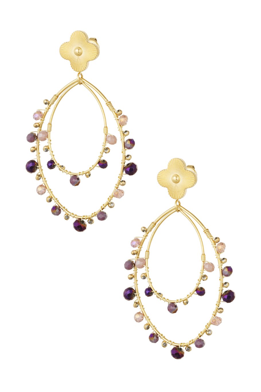 Oval earrings with beads - Gold color/black
