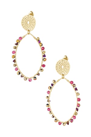 Oval earrings with beads - Gold color/pink h5 