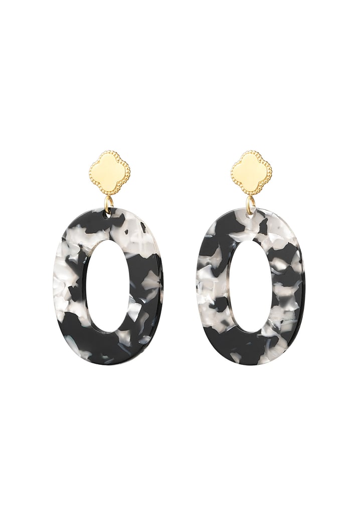 Earrings clover and oval with print - Gold color/black/white 