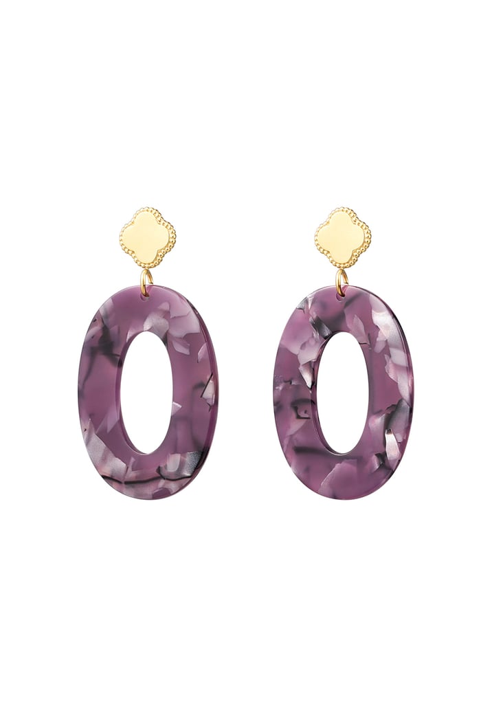 Earrings clover and oval with print - Gold color/purple 