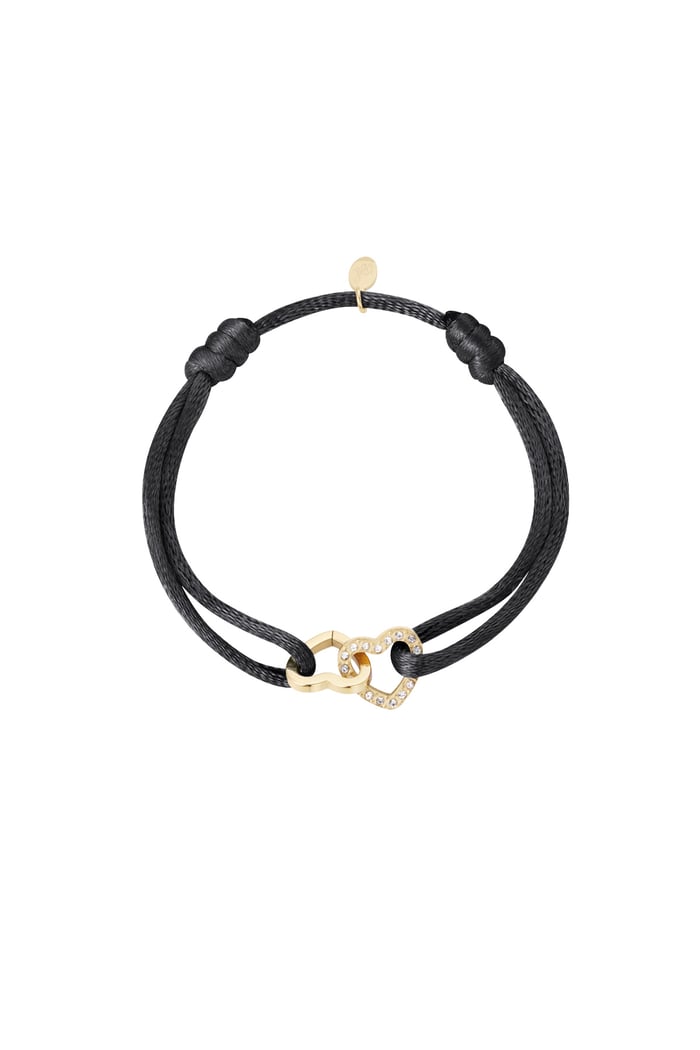 Satin bracelet double heart with stones - black Gold color 