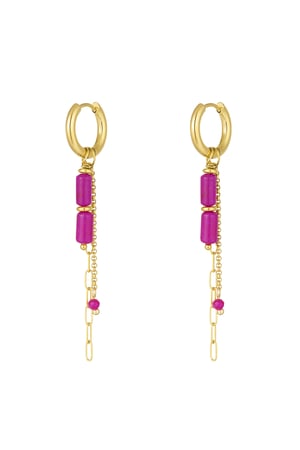 Earrings tube beads with chains - Gold color/fuchsia h5 