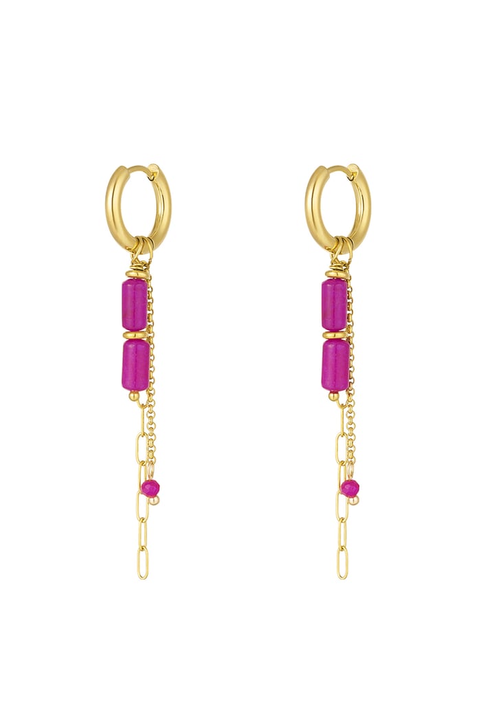 Earrings tube beads with chains - Gold color/fuchsia 