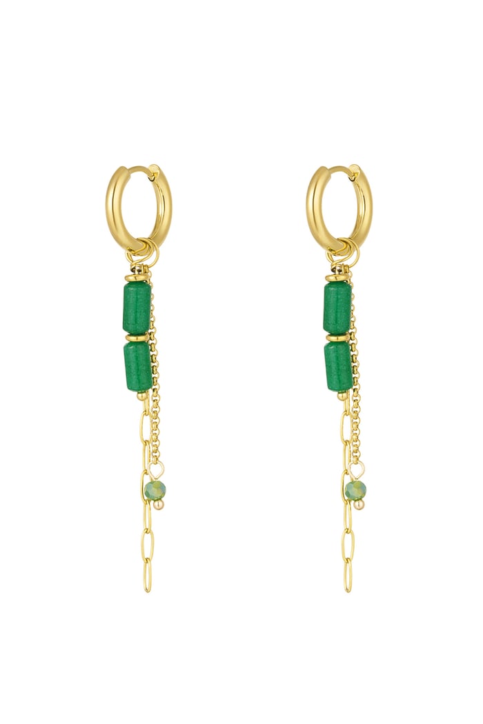 Earrings tube beads with chains - Gold color/green 