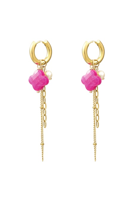 Clover earrings with chains - Gold color/fuchsia