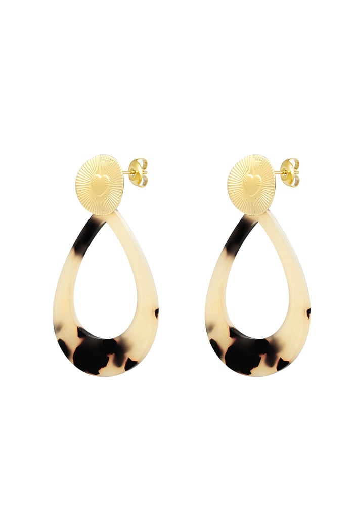 Earrings heart coin with oval - Gold color/camel 