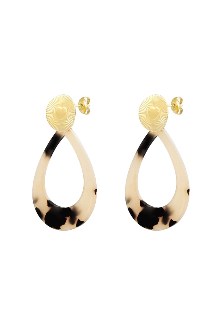 Earrings heart coin with oval - Gold color/beige 