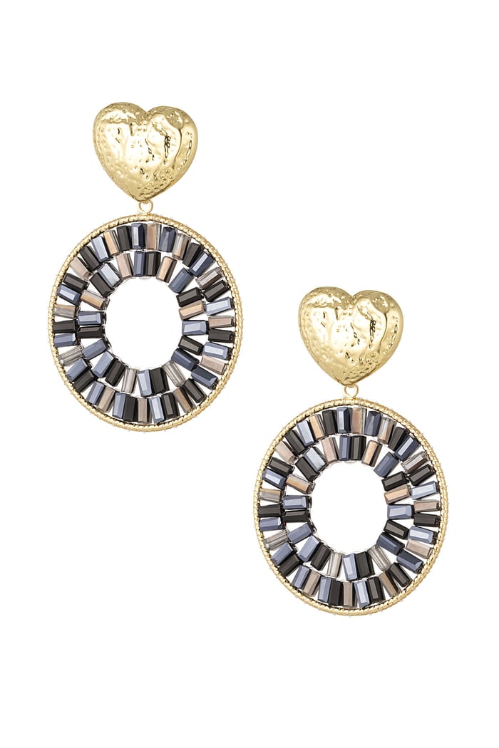 Round statement earrings with heart detail - black Gold color 