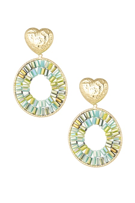 Round statement earrings with heart detail - green Gold color