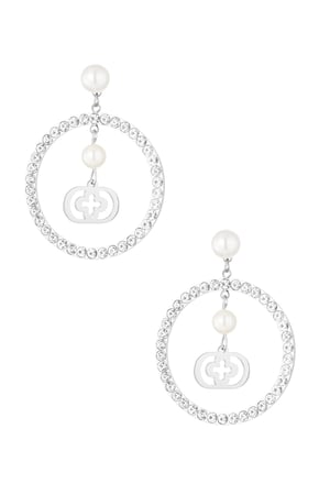 Earring with round stone pendant with hanging detail - Silver Color color h5 