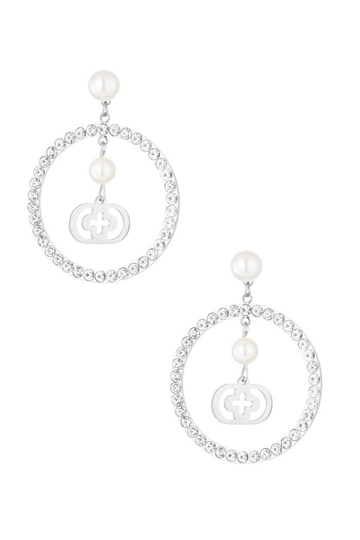 Earring with round stone pendant with hanging detail - Silver Color color 