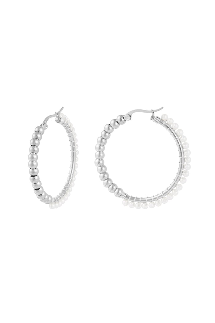 Stainless Steel Large Circle Pearl Bead Earrings - Silver Color color 