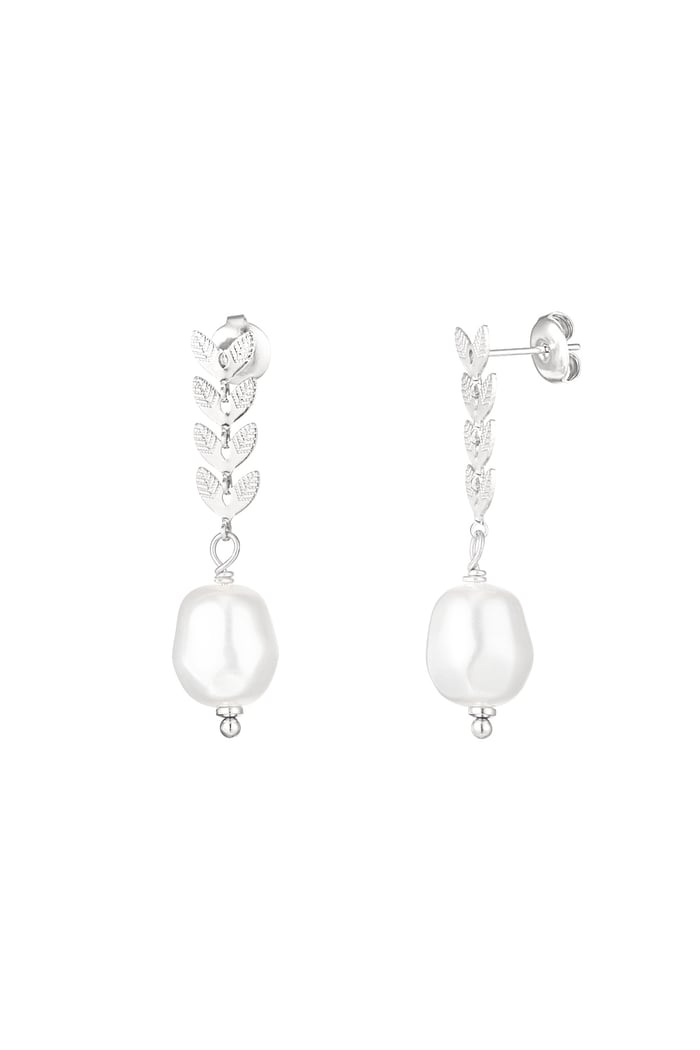 Earrings with leaves and pearl - Silver Color color 