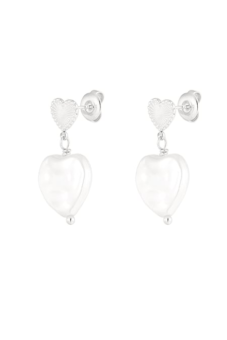 Double heart earrings large pearl - Silver Color color