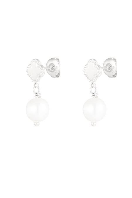 Earring with clover and pearl pendant - Silver Color color