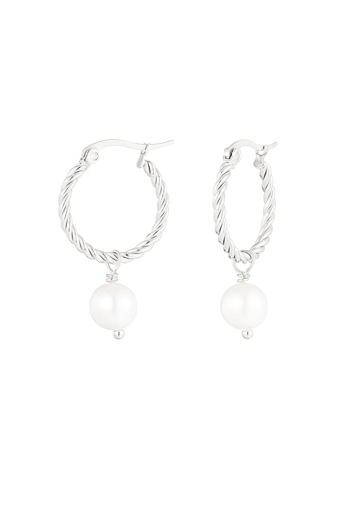 Round rope earring with pearl pendant - Silver Color color 