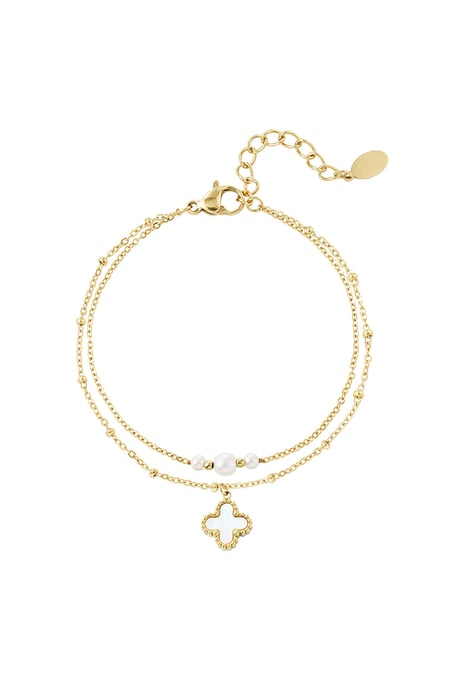 Double bracelet with pearls and clover charm - Gold color 2