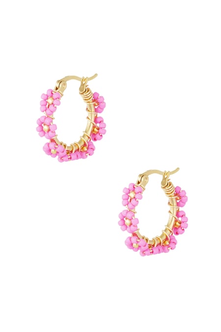 Boucles d'Oreilles Cercle avec Perles de Verre en Acier Inoxydable - Fuchsia