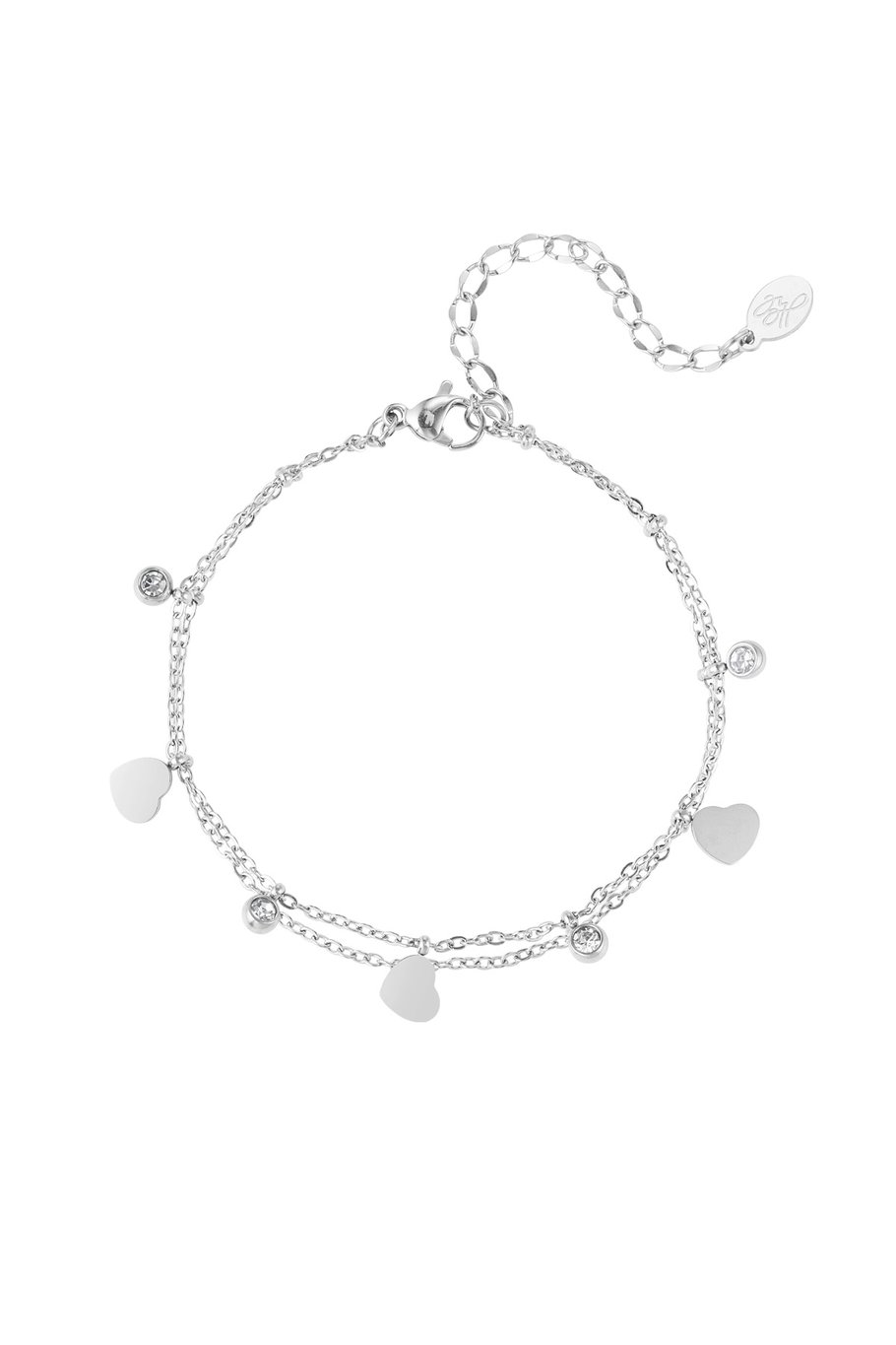 Bedel armband met harten en diamanten - Zilver kleur 