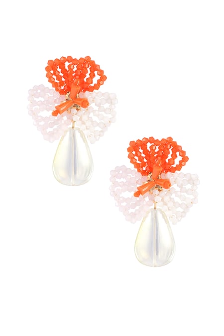 Flower earrings with beads and drop-shaped pendant - Orange and Pink